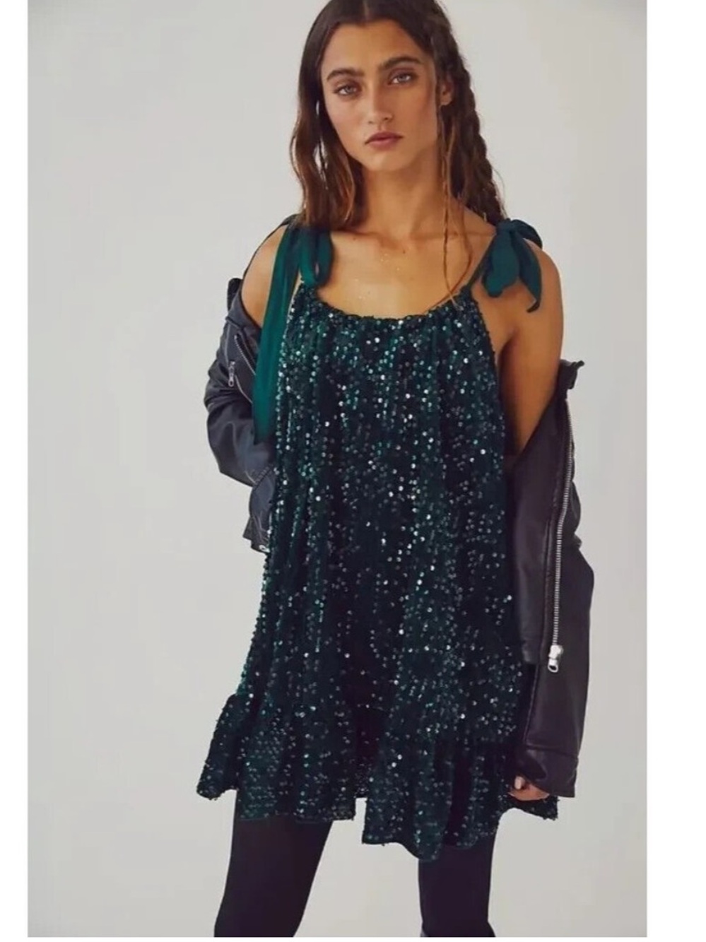 Free People Nova Emerald Velvet Green Sequin Adjustable Strap Mini Dress Medium